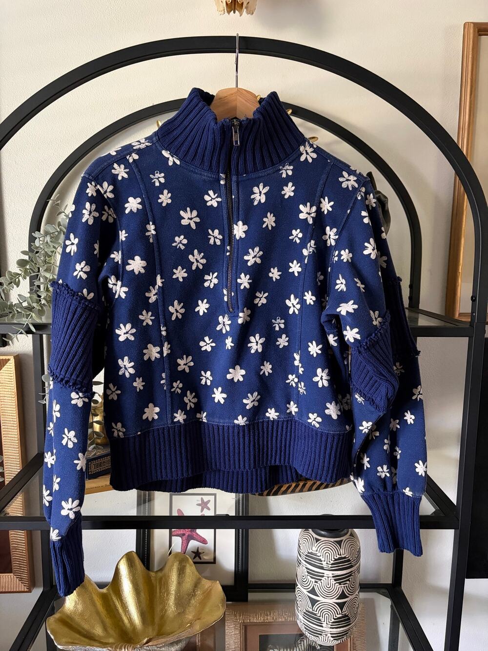 Anthropologie Daily Practice Indy Half Zip Sweatshirt Womens XS Floral Navy